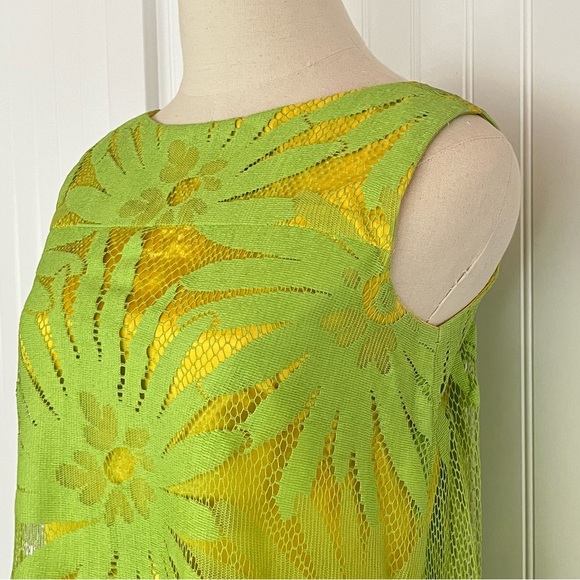 Vintage 60's Lime Green Floral Trapeze Mesh Lace Shift Dress Mod Flower Power - Picture 9 of 16